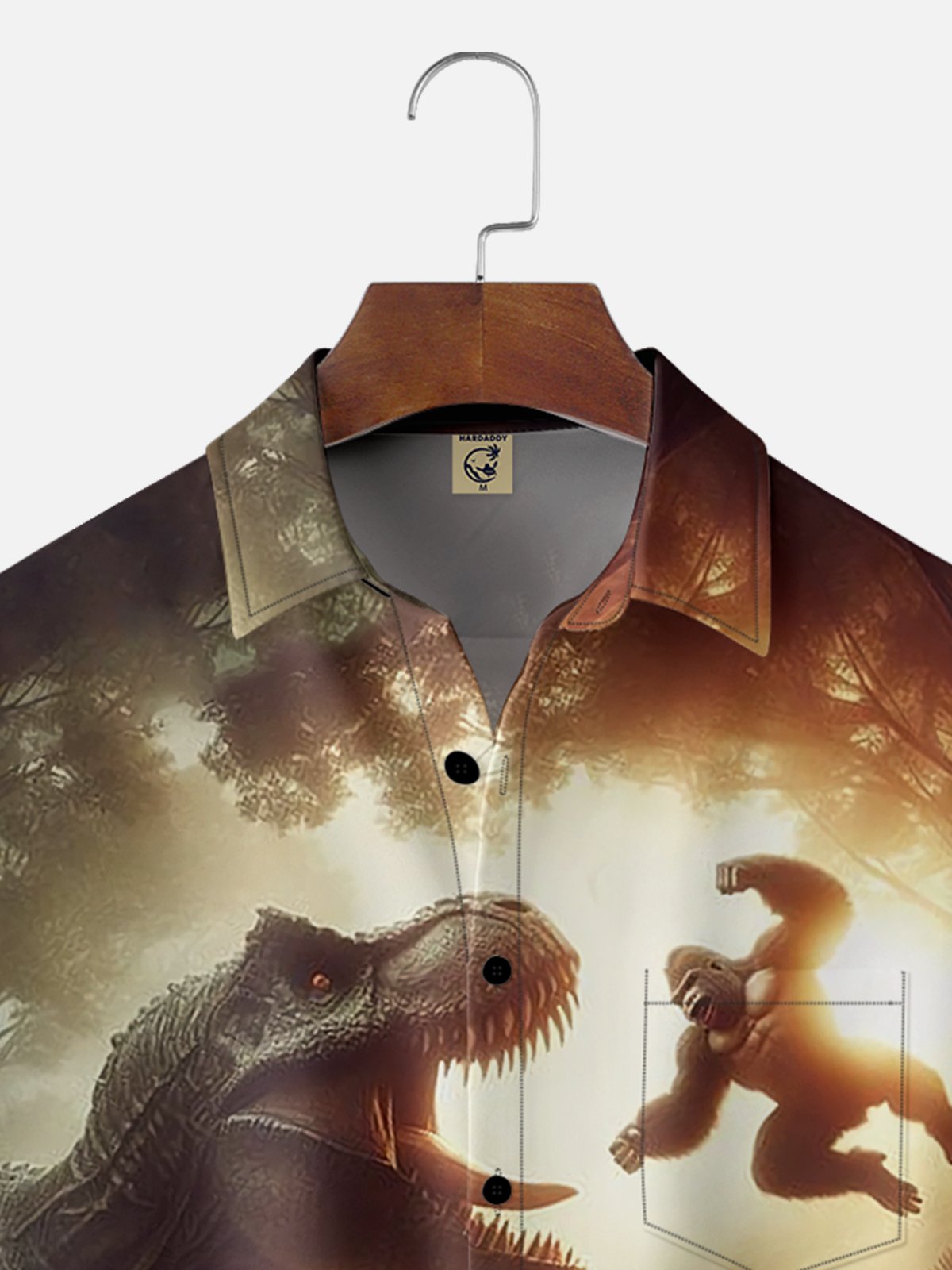 Moisture-wicking King Kong vs. Dinosaur Chest Pocket Hawaiian Shirt