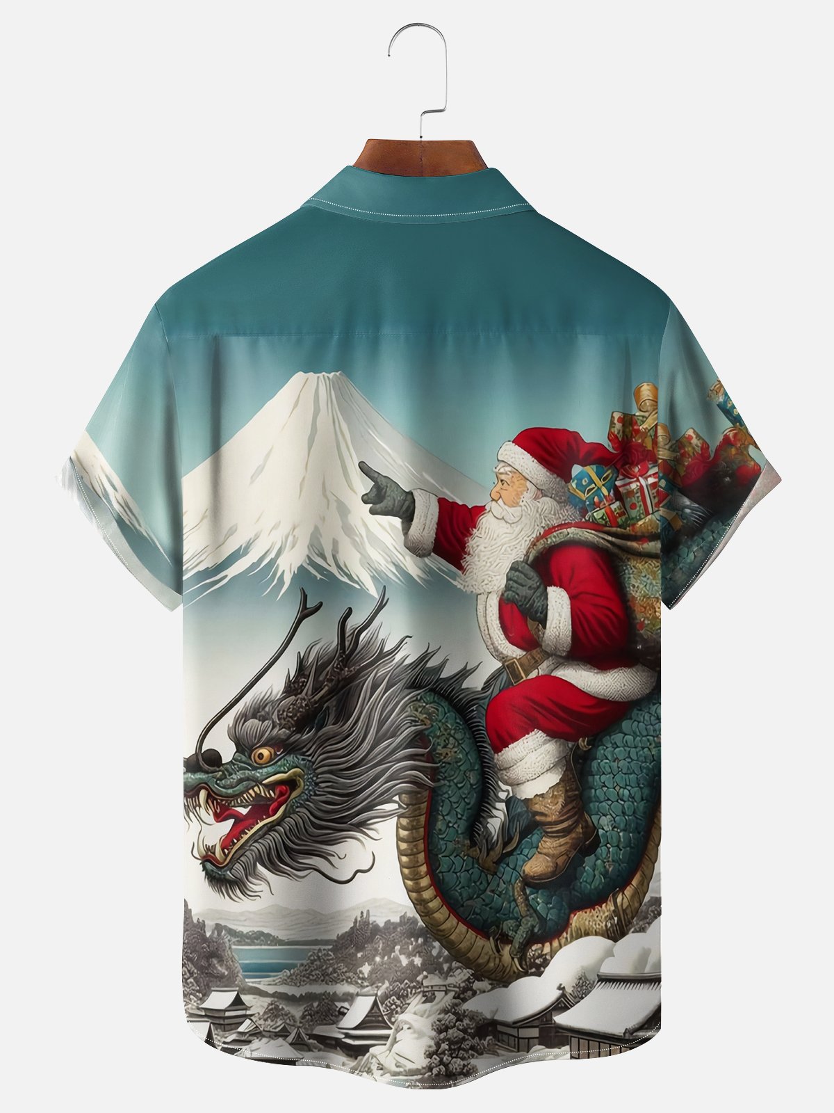 Moisture Wicking Christmas Mount Fuji Ukiyo-e Dragon Santa Claus Chest Pocket Hawaiian Shirt