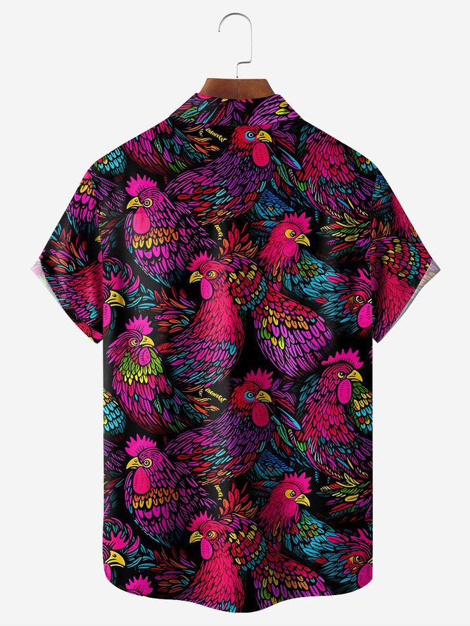 Tall Size Rooster Art Painting Chest Pocket Short Sleeve Casual Shirt