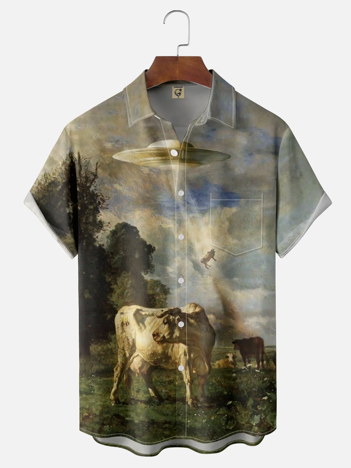 Moisture-wicking Alien UFO Cow Chest Pocket Hawaiian Shirt