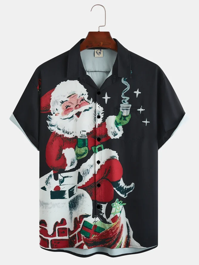 Men's Santa Print Casual Breathable Short Sleeve Shirt