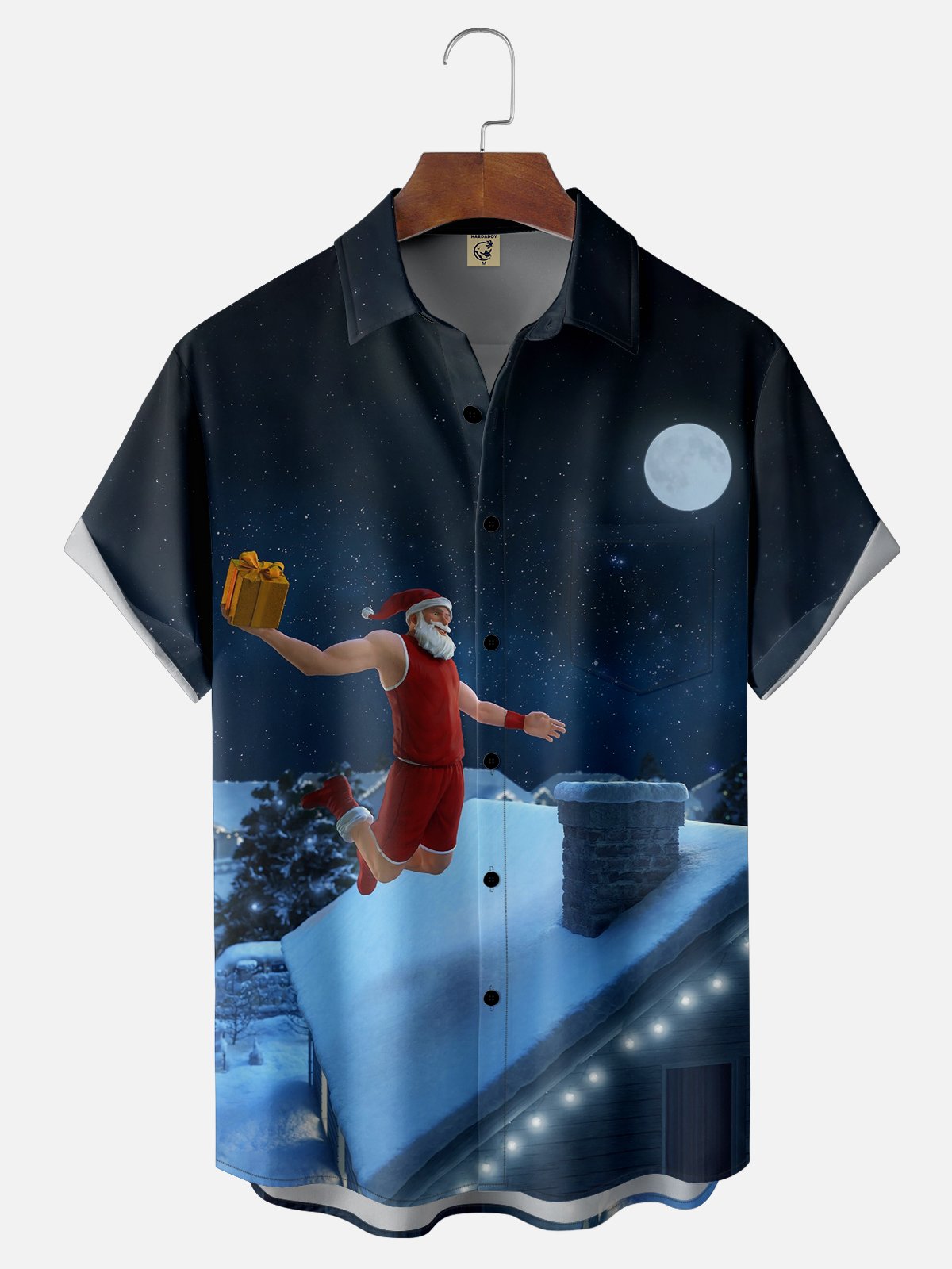 Moisture-wicking Christmas Santa Claus Shooting Basketball Chest Pocket Casual Shirt