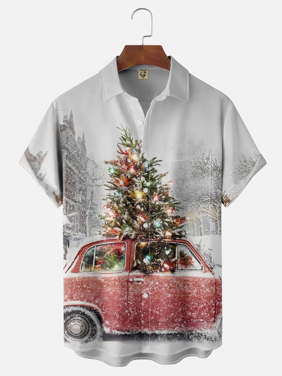 Moisture-wicking Christmas Tree Vintage Car Chest Pocket Casual Shirt