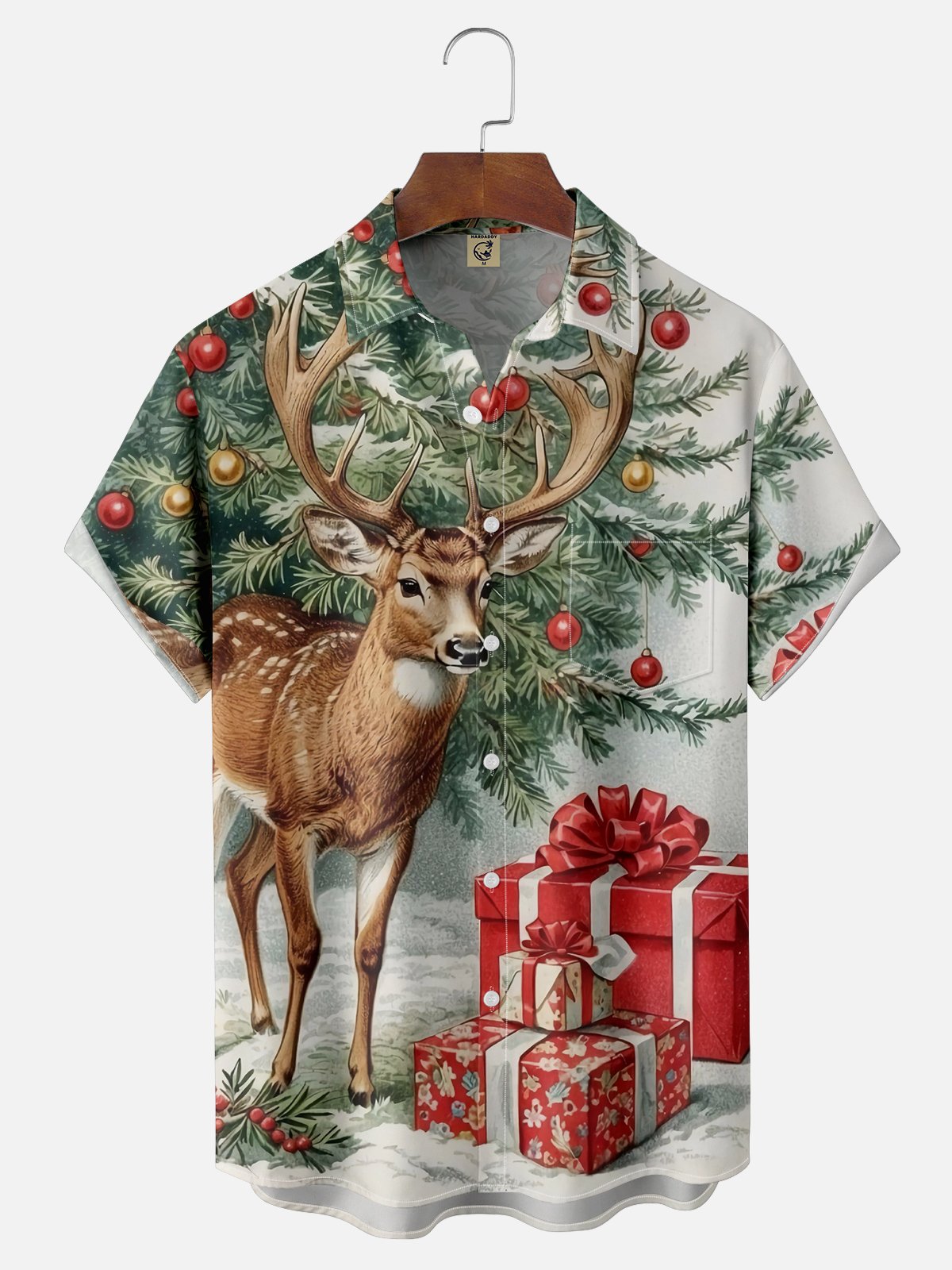 Moisture-wicking Christmas Elk Christmas Tree Chest Pocket Casual Shirt