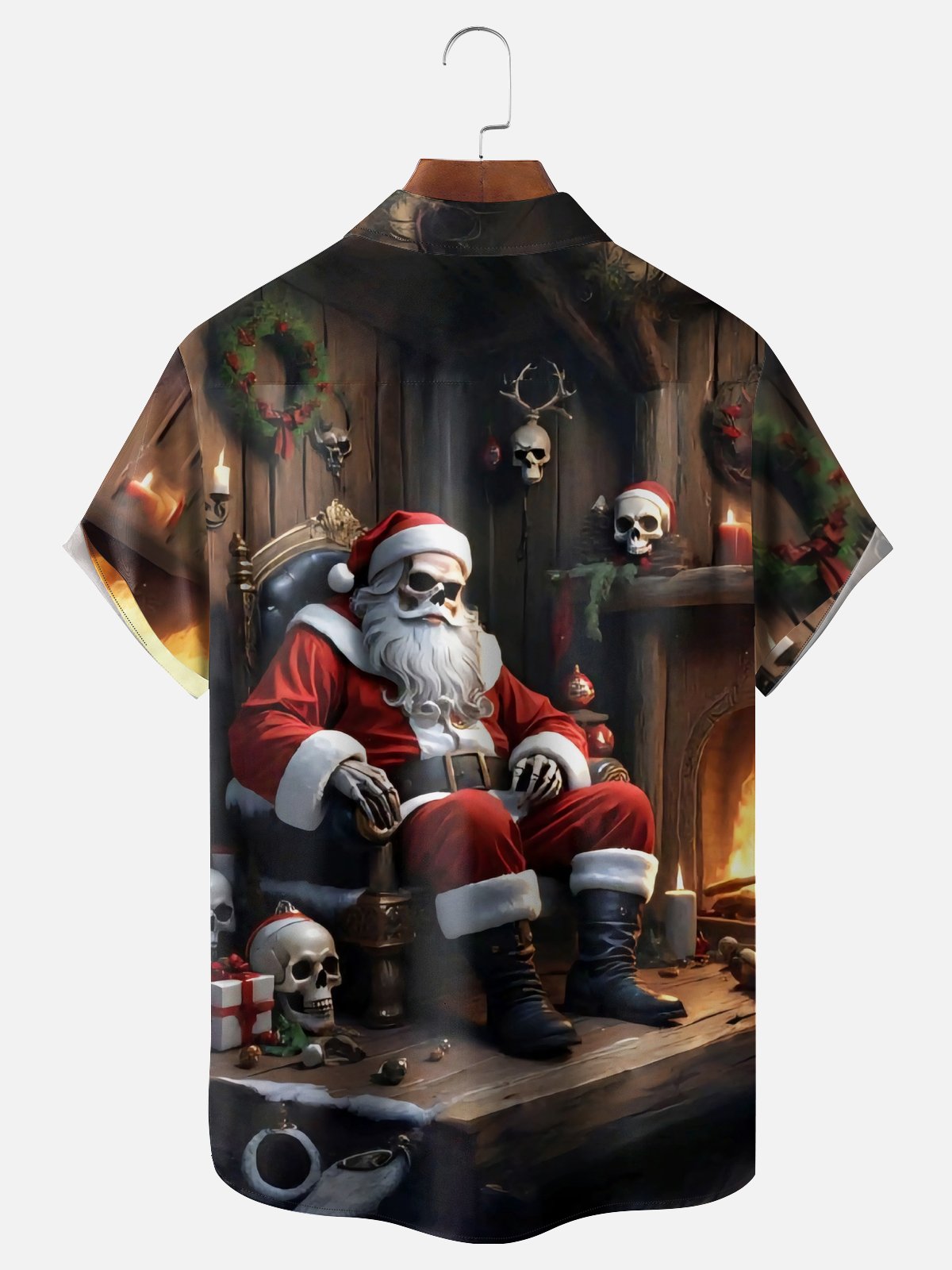 Moisture-wicking Christmas Santa Claus Skeleton Chest Pocket Casual Shirt