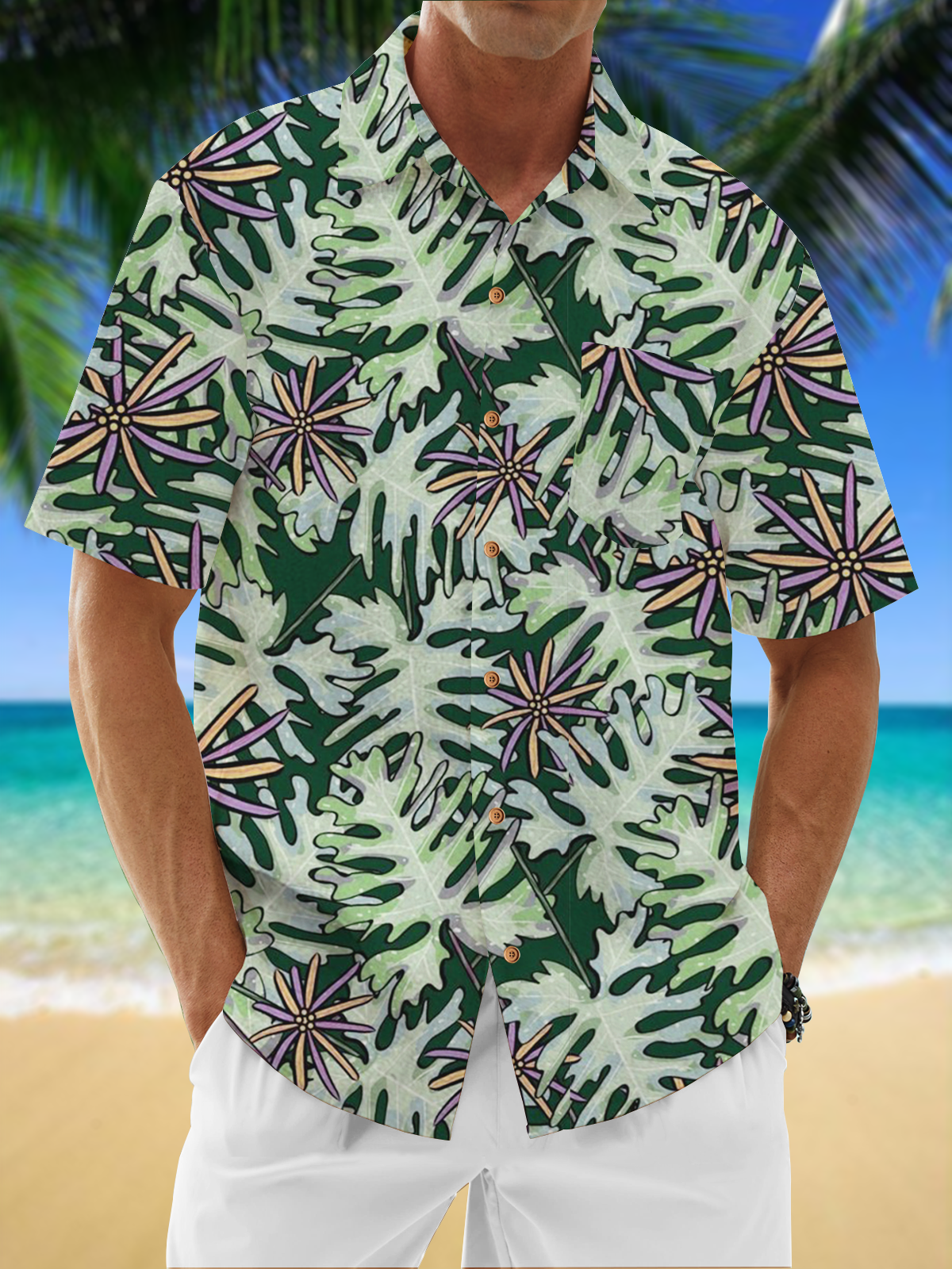 Moisture Wicking Floral Chest Pocket Hawaiian Shirt