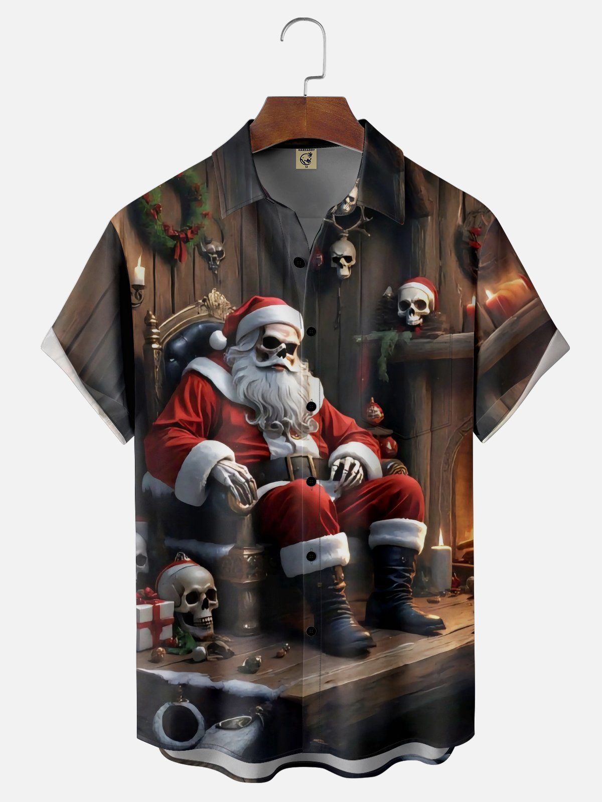 Moisture-wicking Christmas Santa Claus Skeleton Chest Pocket Casual Shirt