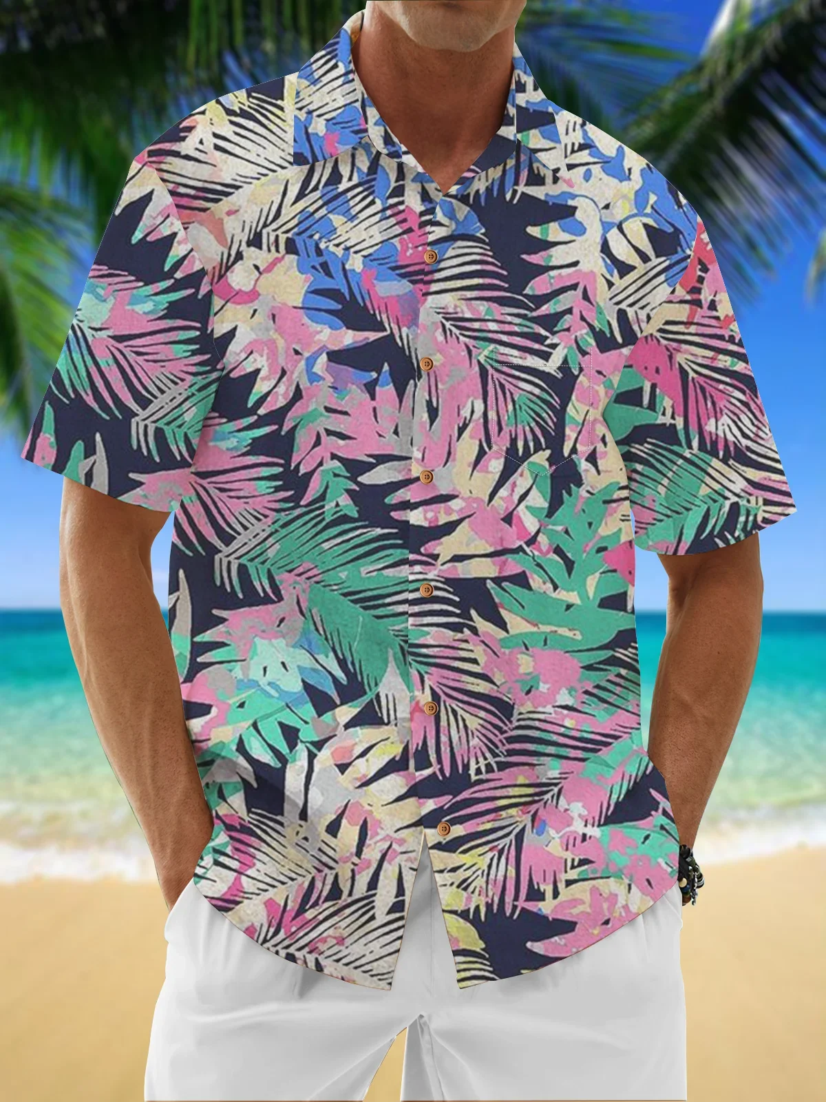 Moisture Wicking Tropical Floral Chest Pocket Hawaiian Shirt