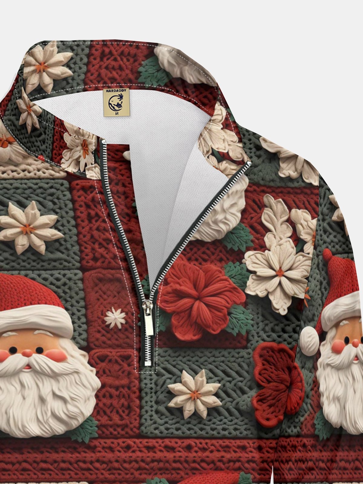 Christmas Santa Claus Flower Embossed Texture Half-zip Pullover Ugly Sweatshirt