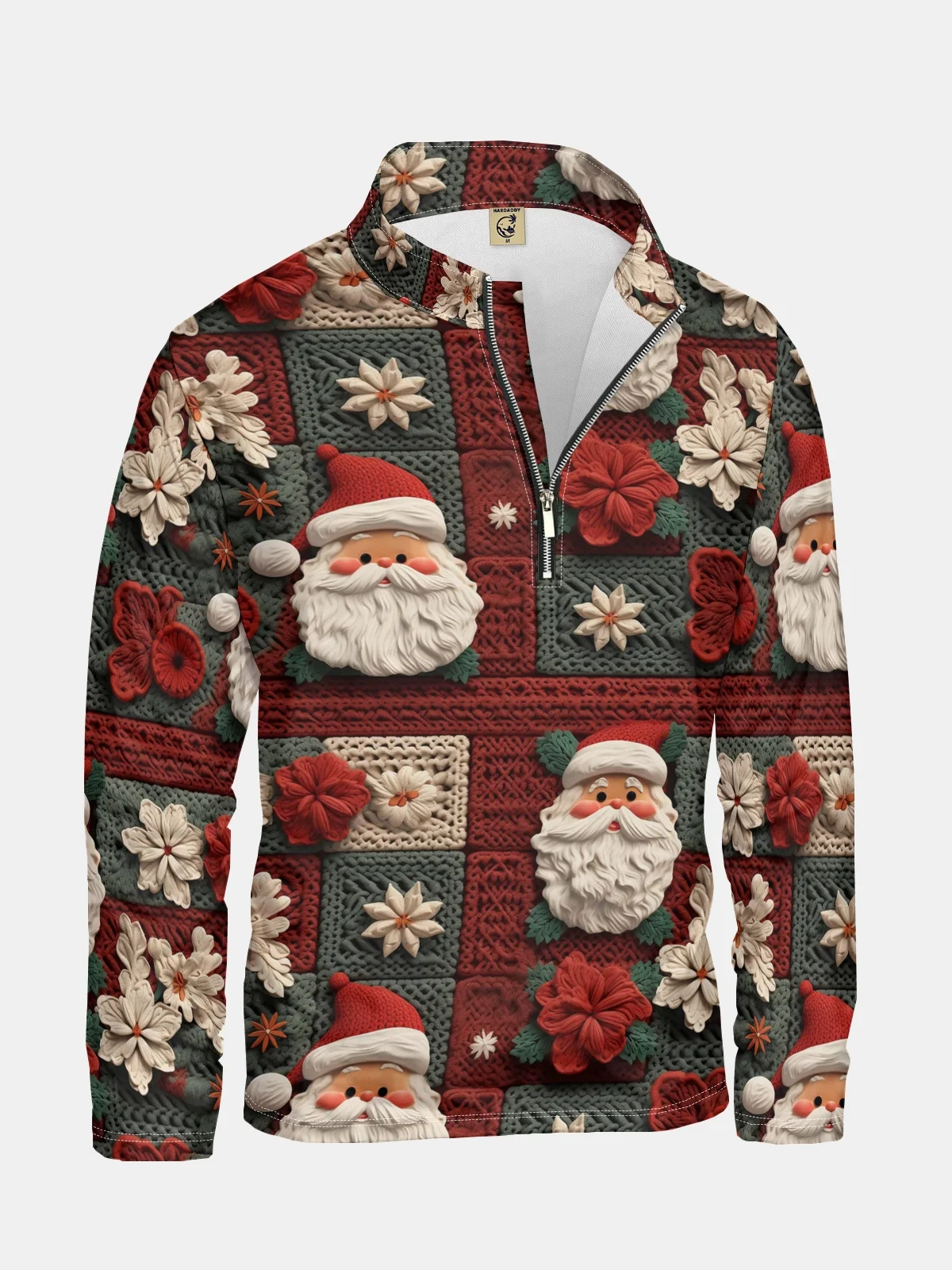 Christmas Santa Claus Flower Embossed Texture Half-zip Pullover Ugly Sweatshirt