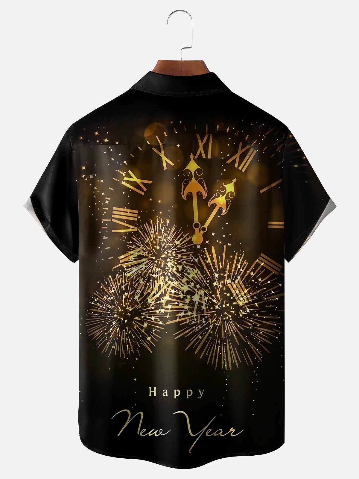 Moisture Wicking Happy New Year Wine Glass Fireworks Chest Pocket Hawaiian Shirt