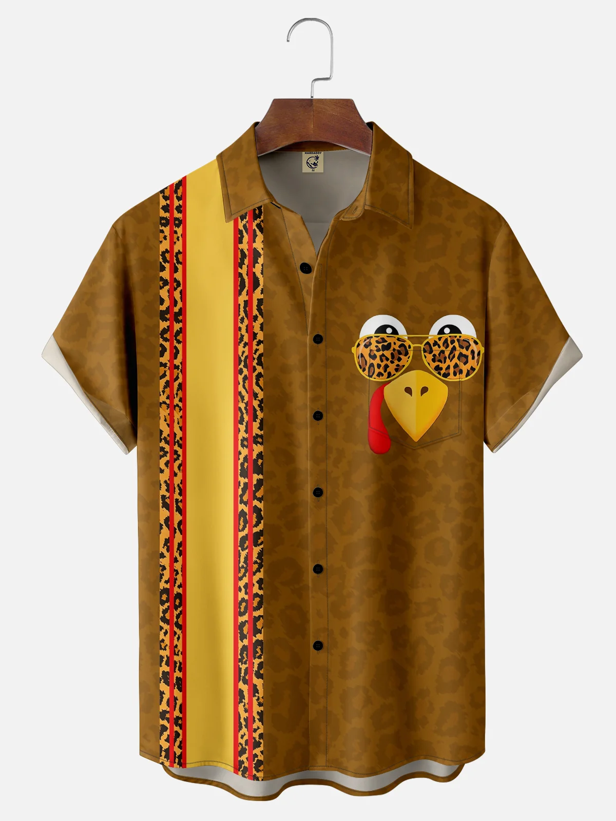 Moisture-wicking Thanksgiving Leopard Turkey Chest Pocket Bowling Shirt