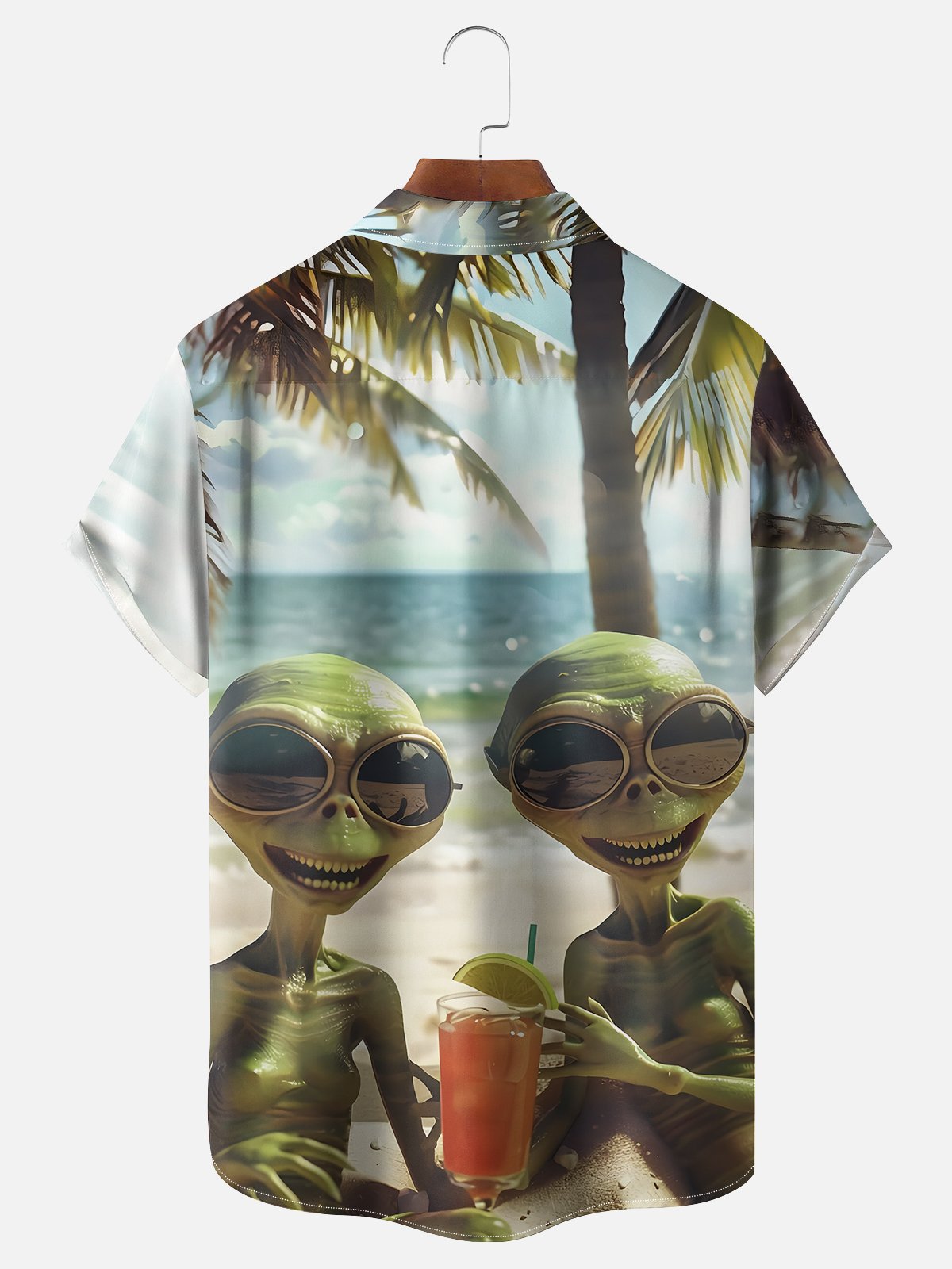 Moisture-wicking Alien Beach Vacation Chest Pocket Hawaiian Shirt