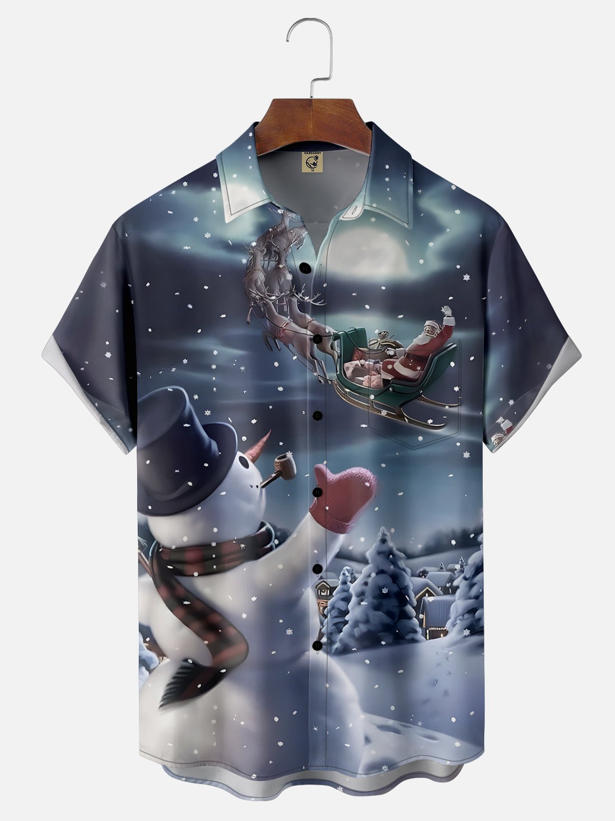 Moisture-wicking Christmas Snowman and Santa Claus Chest Pocket Hawaiian Shirt