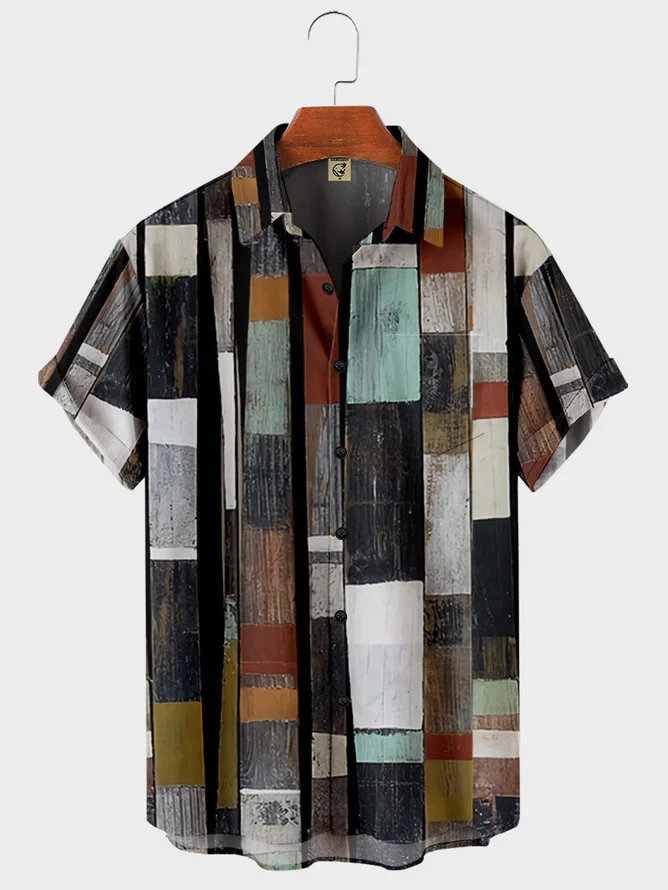 Hardaddy Hawaiian Retro Geometric Abstract Elements Men's Casual Short-sleeved Shirt