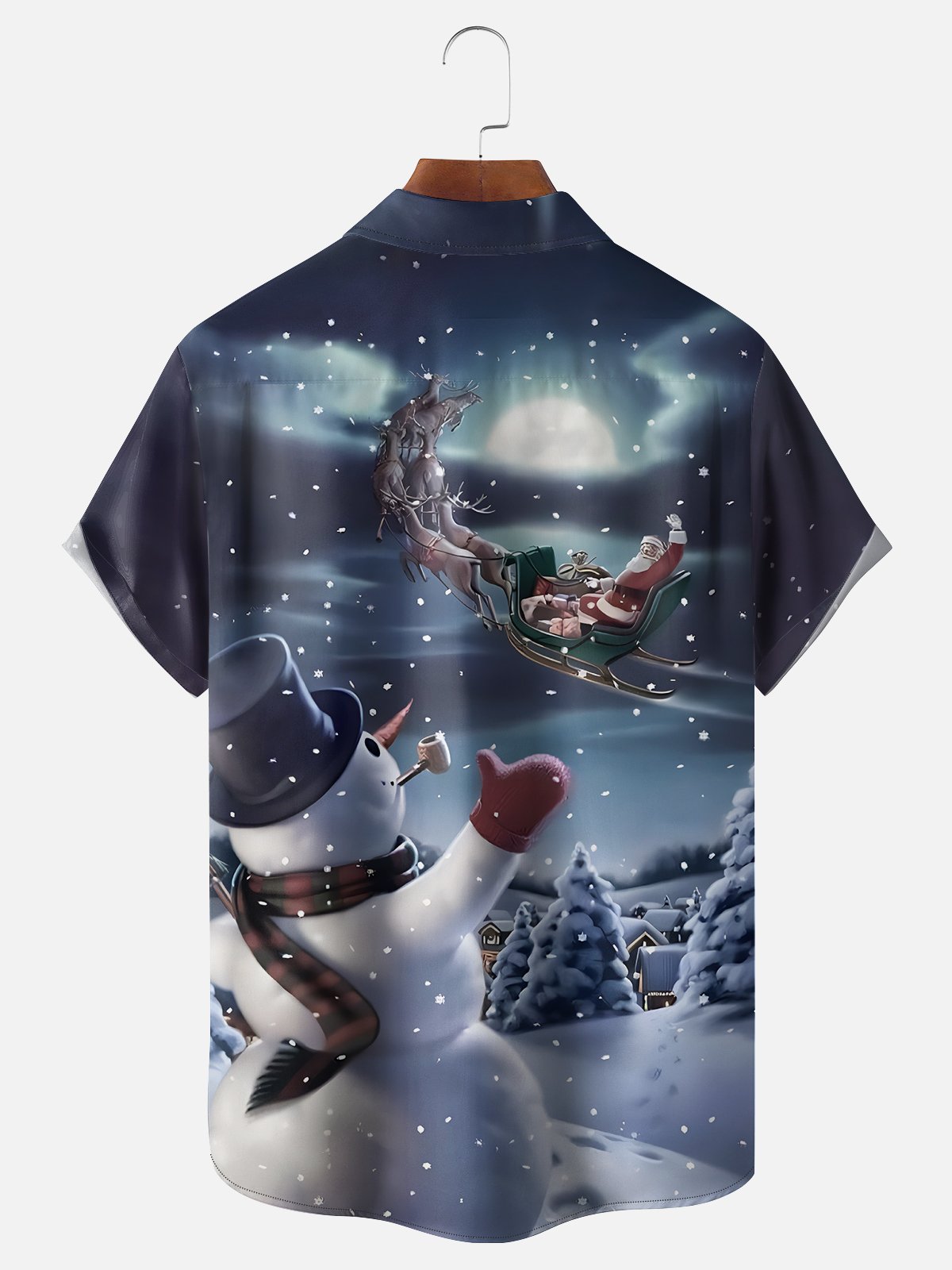 Moisture-wicking Christmas Snowman and Santa Claus Chest Pocket Hawaiian Shirt