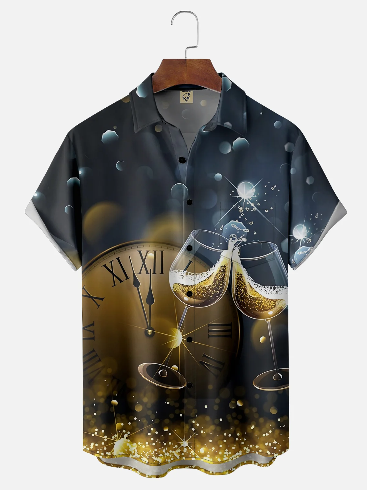 Moisture Wicking Happy New Year Wineglass Clock Chest Pocket Hawaiian Shirt