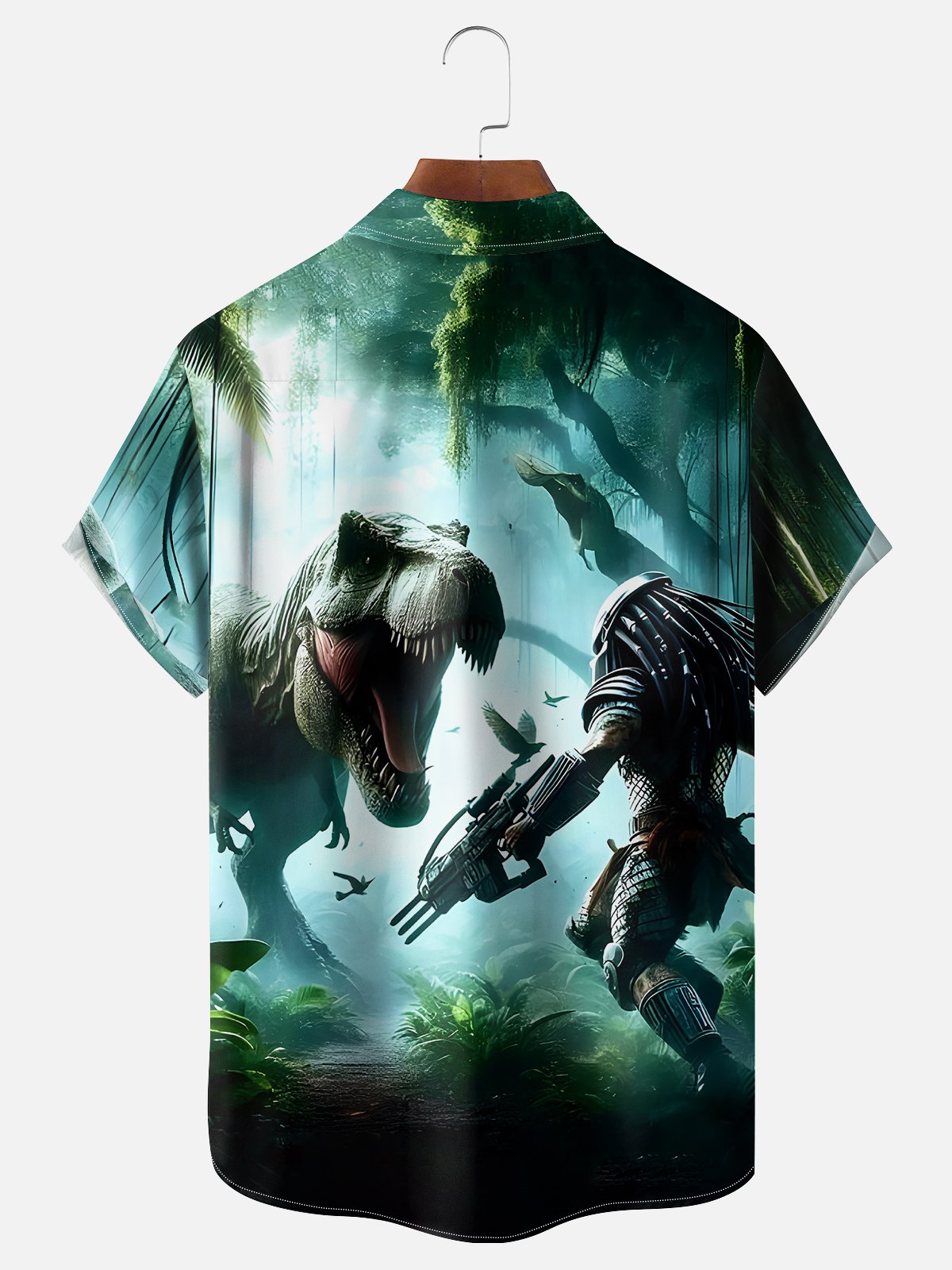 Moisture-wicking Yautja vs. Dinosaur Chest Pocket Hawaiian Shirt