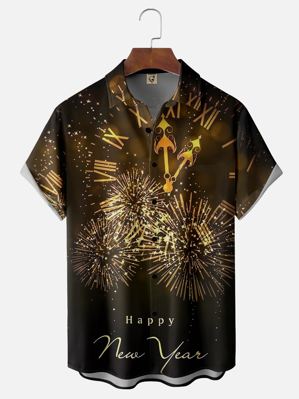 Moisture Wicking Happy New Year Wine Glass Fireworks Chest Pocket Hawaiian Shirt