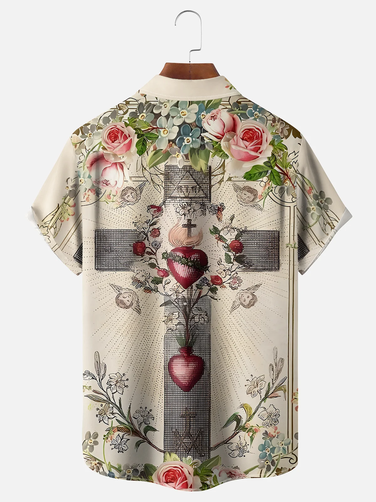 Moisture-wicking Religious Cross Heart Chest Pocket Hawaiian Shirt