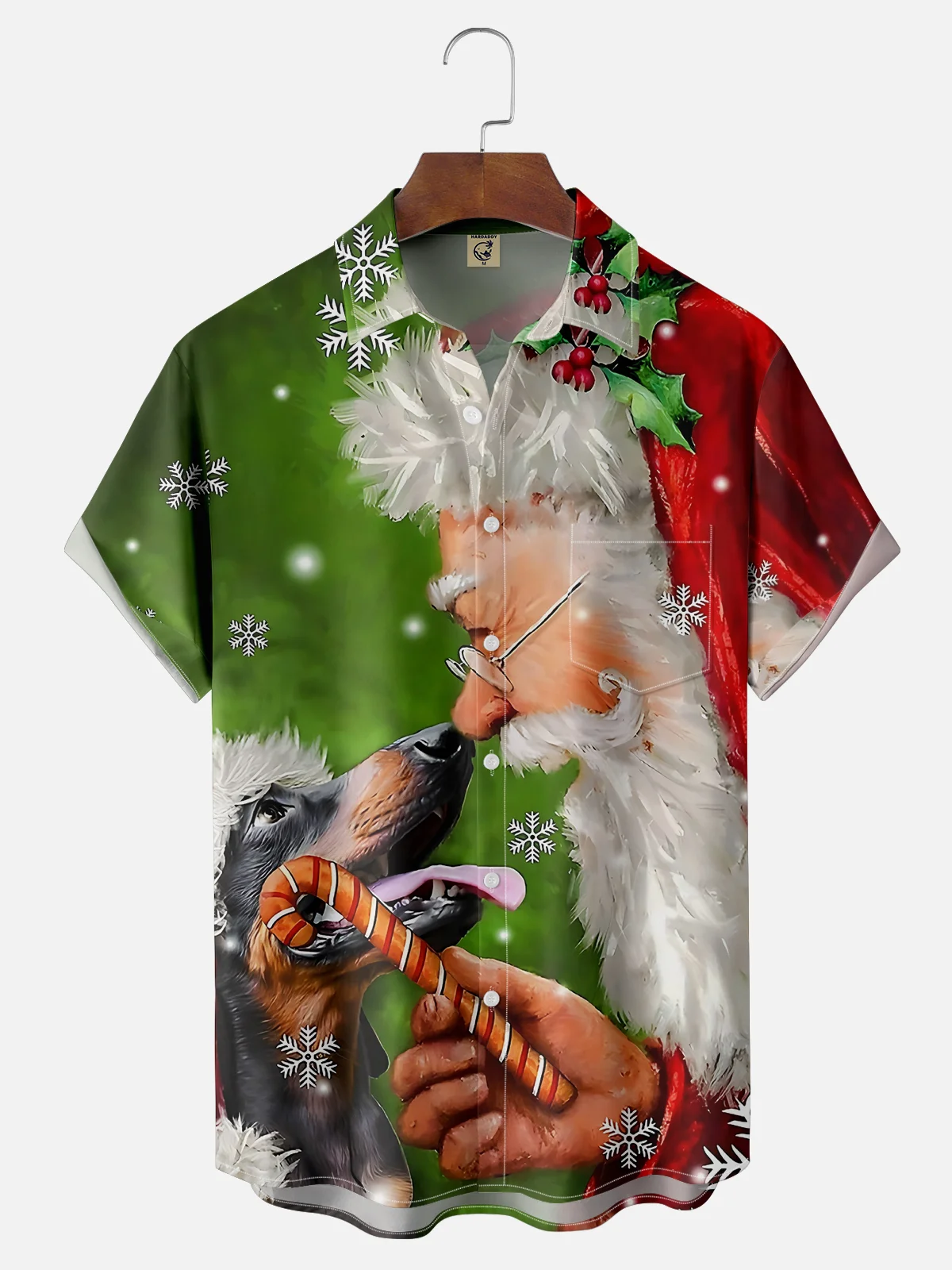 Moisture-wicking Christmas Puppy and Santa Claus Chest Pocket Hawaiian Shirt