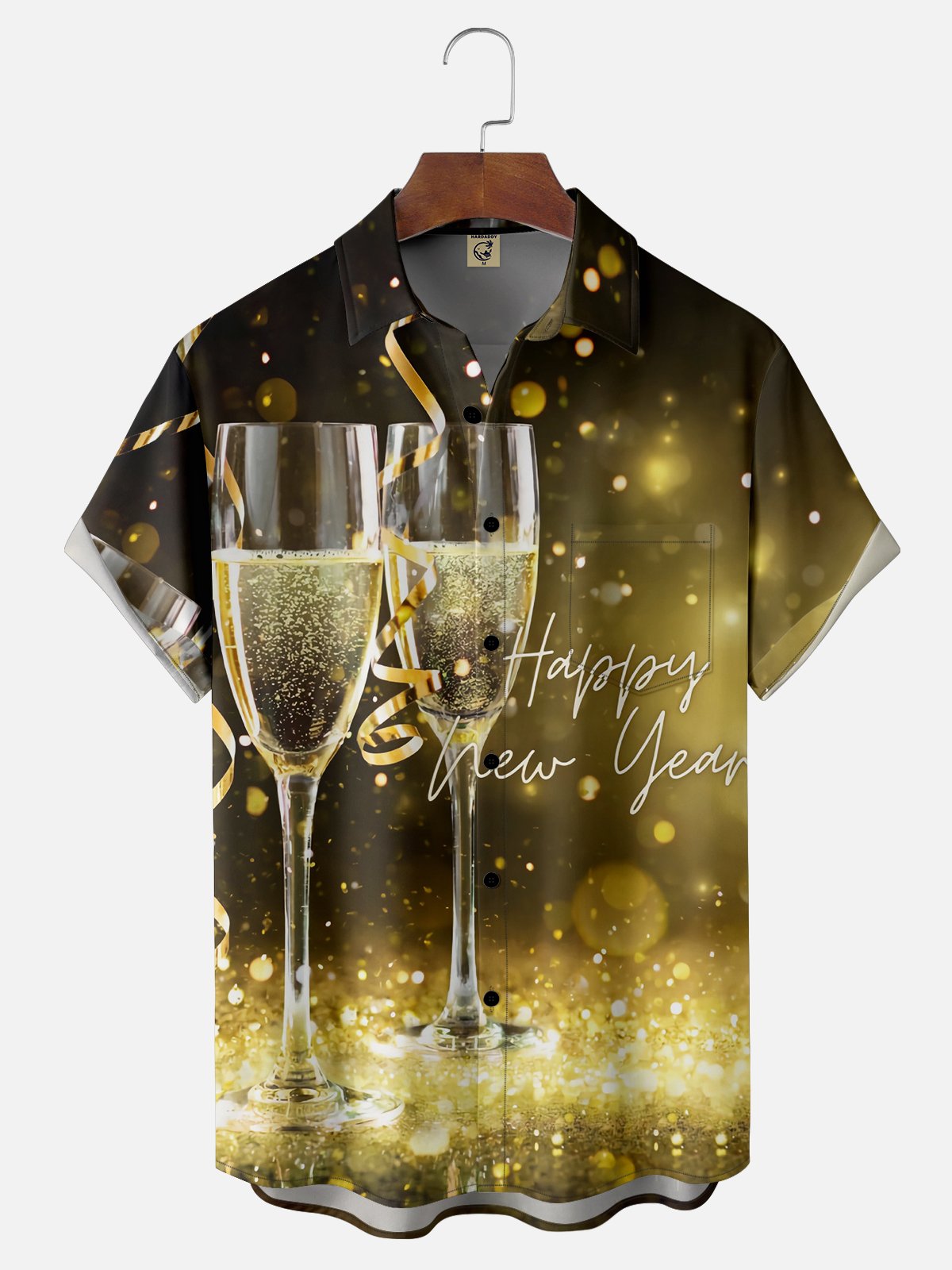 Moisture Wicking Happy New Year Chest Pocket Hawaiian Shirt