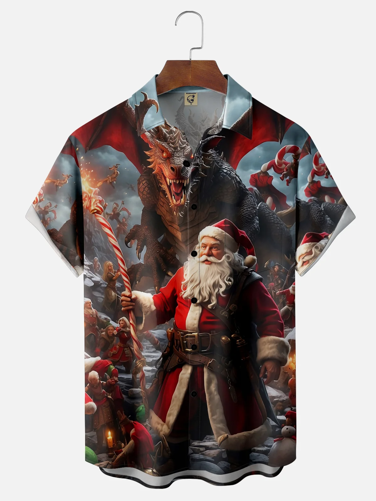 Moisture Wicking Christmas Santa Dragon Battle Chest Pocket Hawaiian Shirt