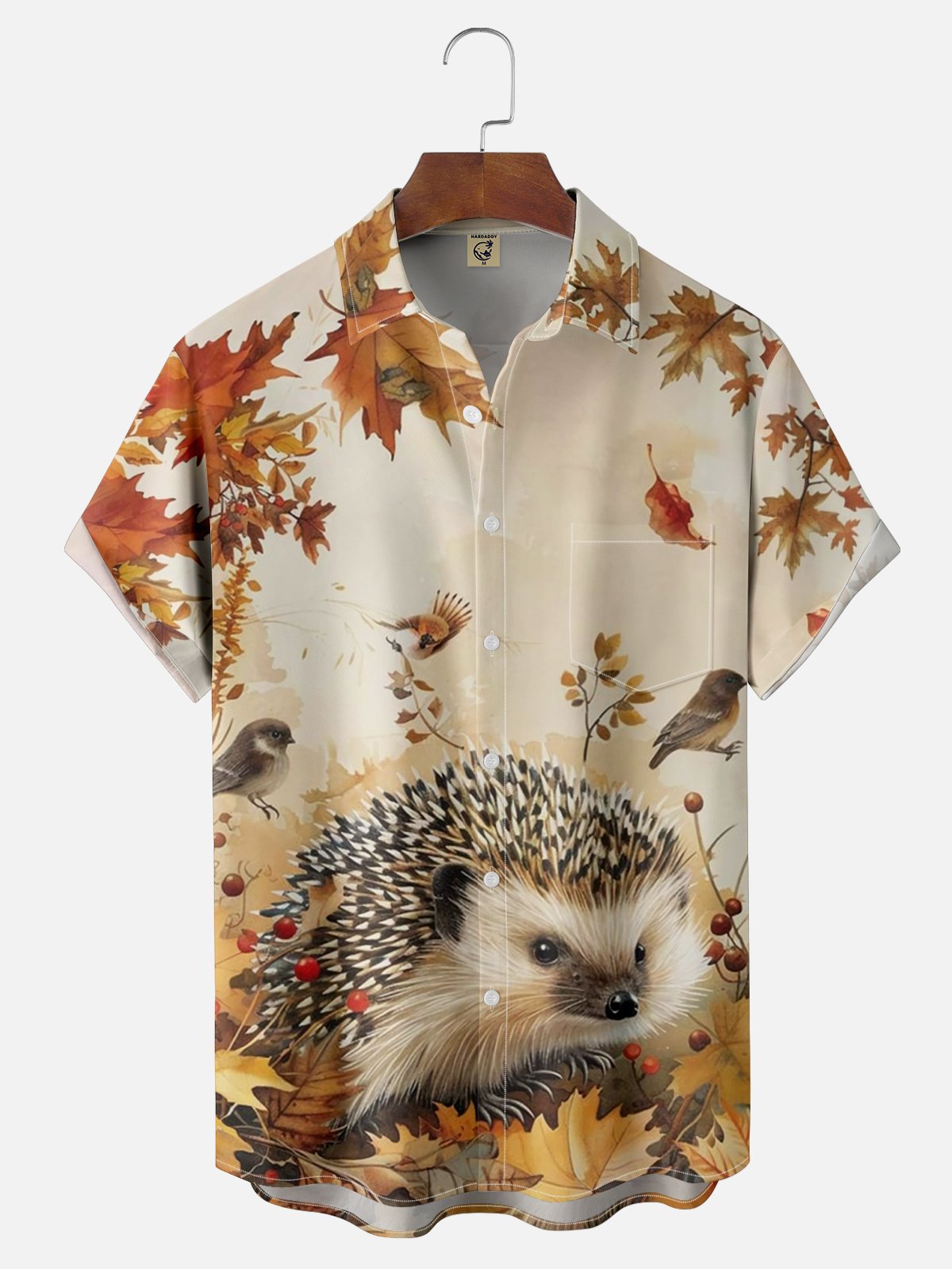 Moisture-wicking Thanksgiving Hedgehog Maple Leaf Chest Pocket Hawaiian Shirt