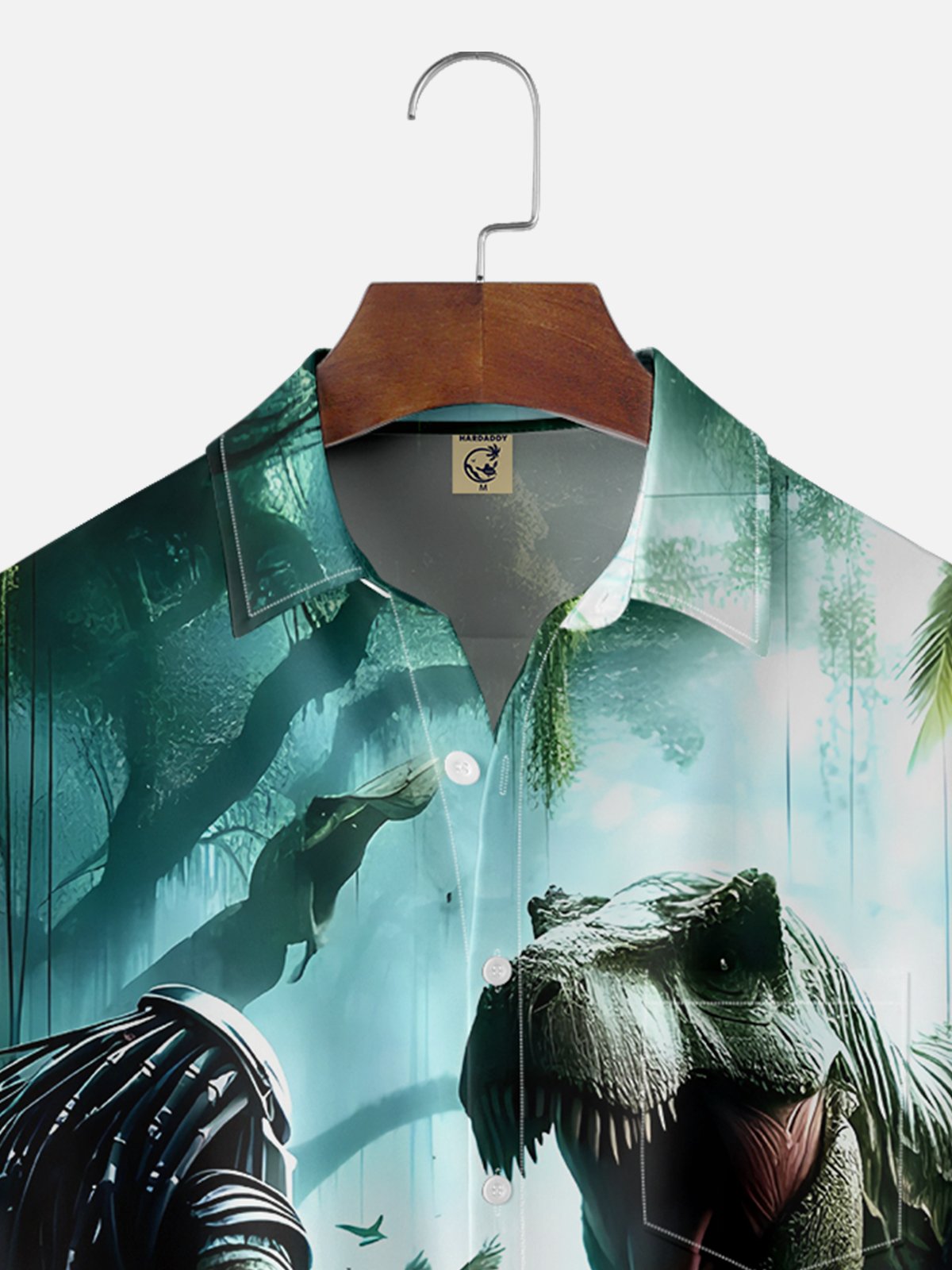 Moisture-wicking Yautja vs. Dinosaur Chest Pocket Hawaiian Shirt