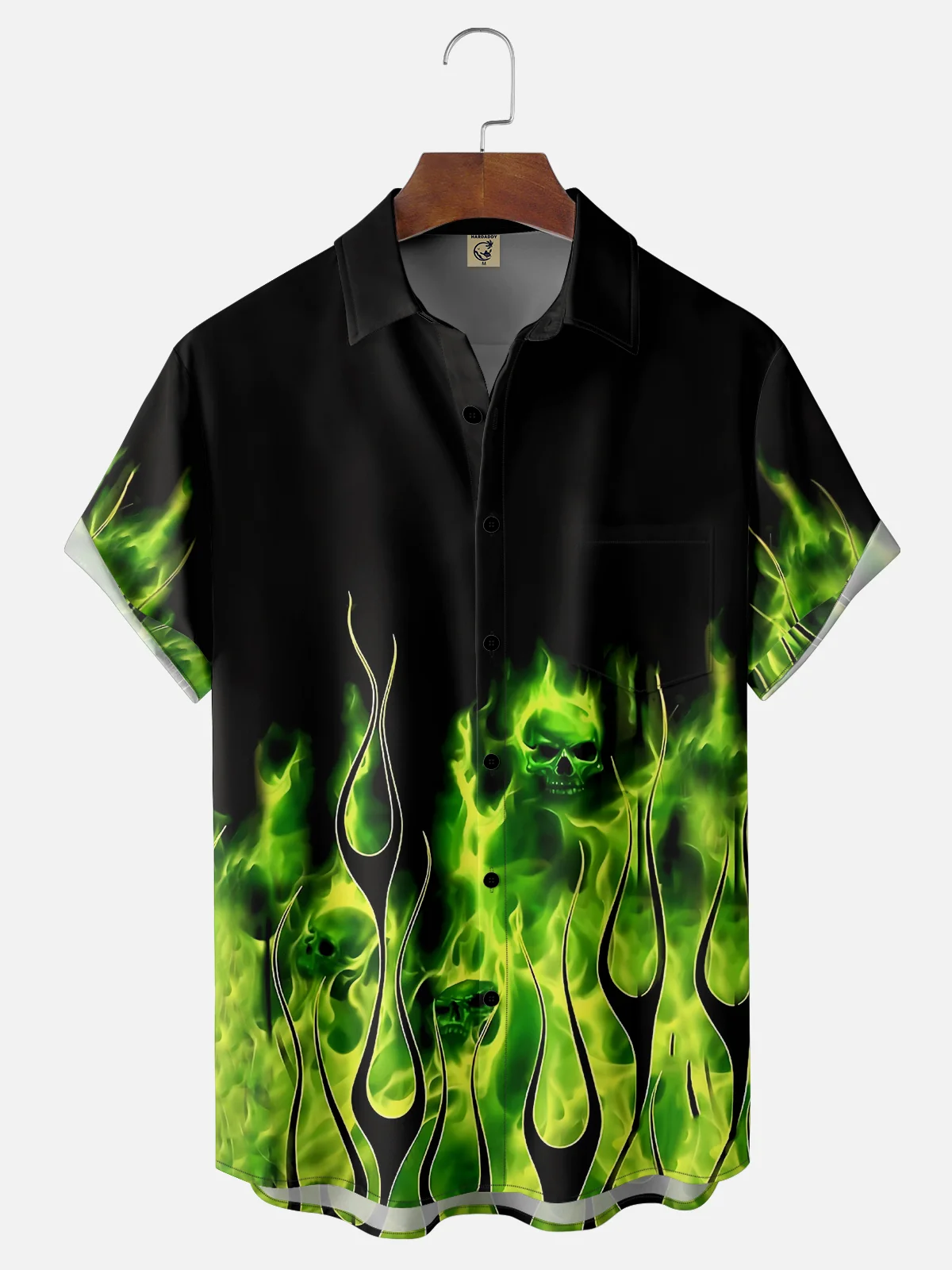 Moisture-wicking Rock Skull Flame Chest Pocket Hawaiian Shirt