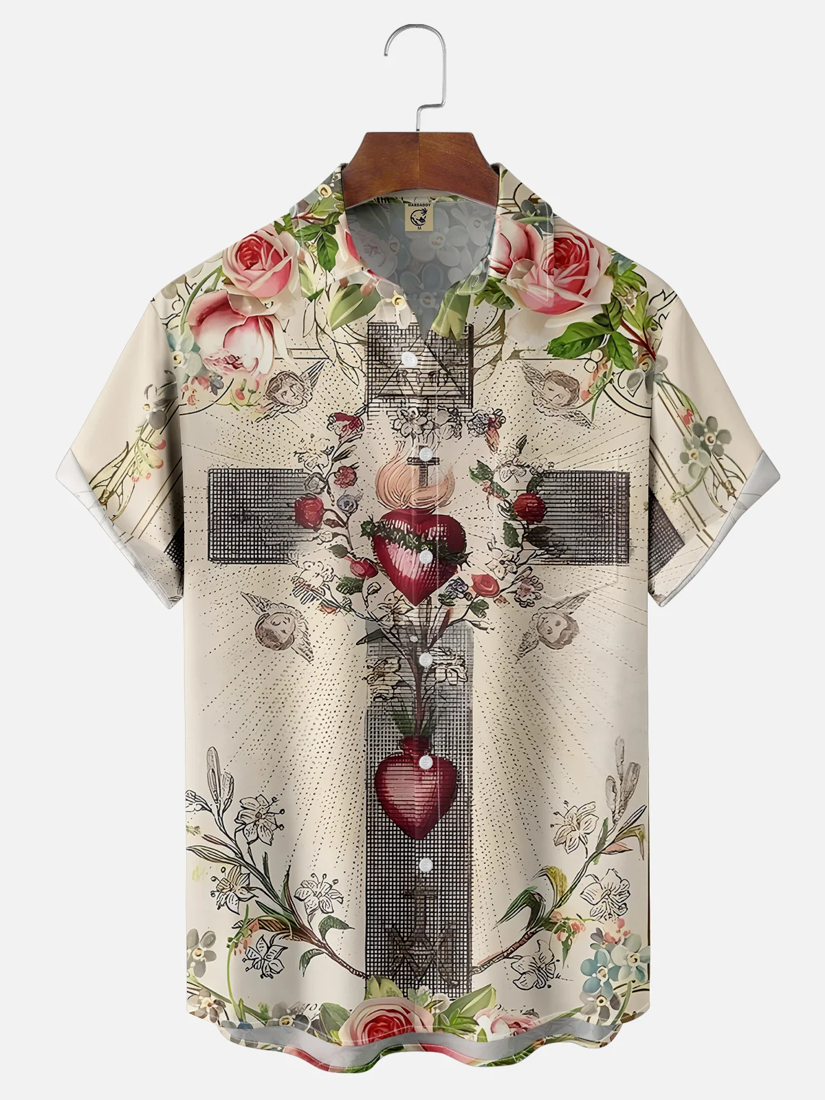 Moisture-wicking Religious Cross Heart Chest Pocket Hawaiian Shirt