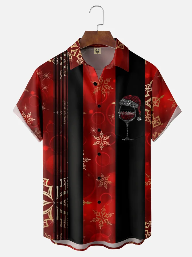 Tall Size Moisture-wicking Merry Christmas Wine Glass Chest Pocket Bowling Shirt