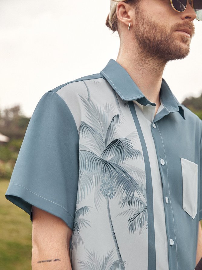 Tall Size Moisture-wicking Palm Tree Chest Pocket Bowling Shirt