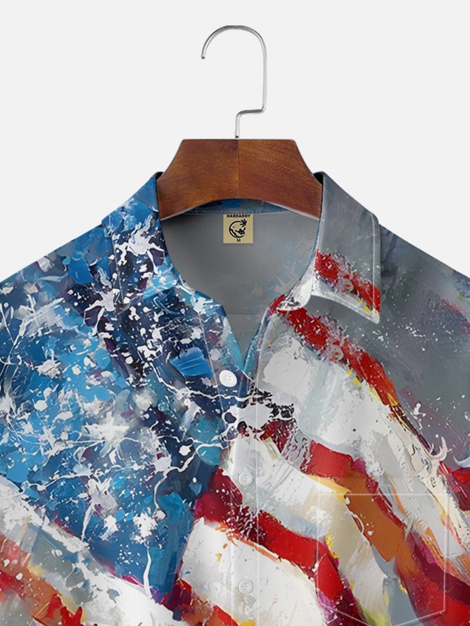 Tall Size Moisture-wicking American Flag Illustration Chest Pocket Hawaiian Shirt