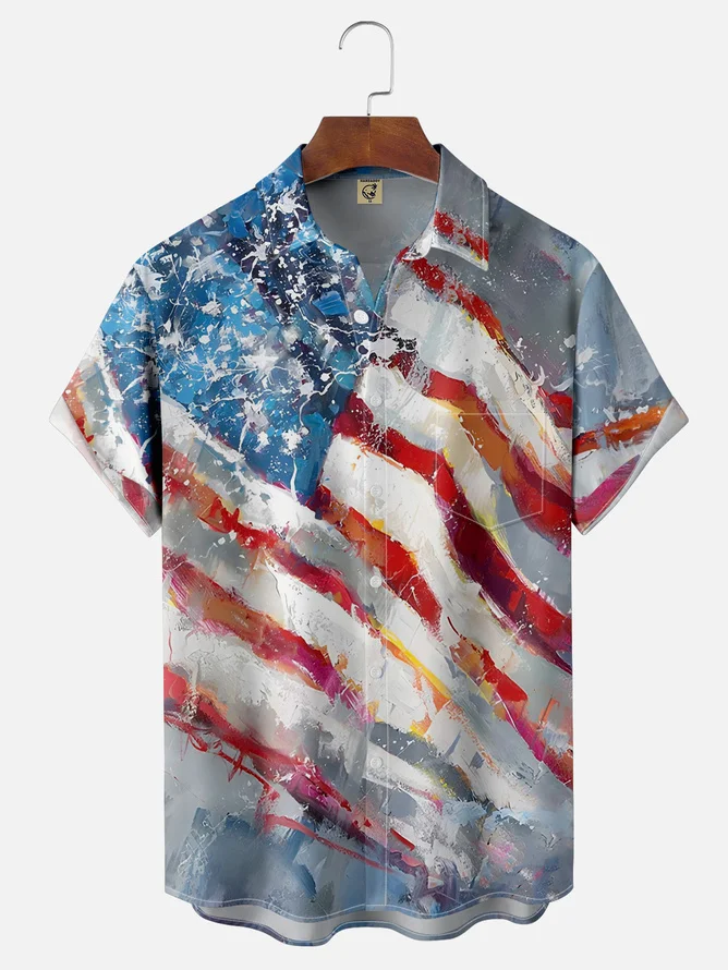 Tall Size Moisture-wicking American Flag Illustration Chest Pocket Hawaiian Shirt