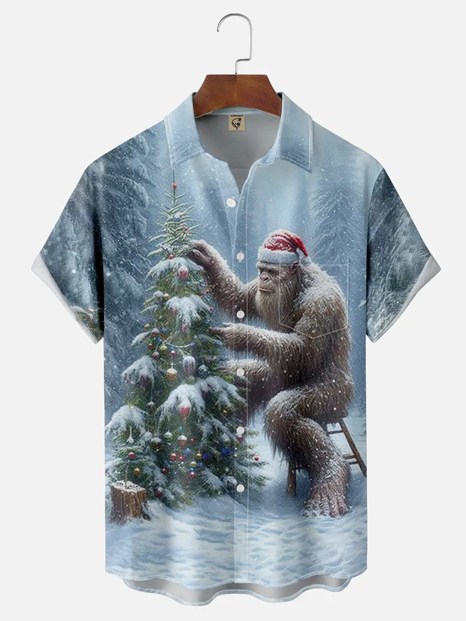 Tall Size Moisture-wicking Christmas Bigfoot Chest Pocket Hawaiian Shirt