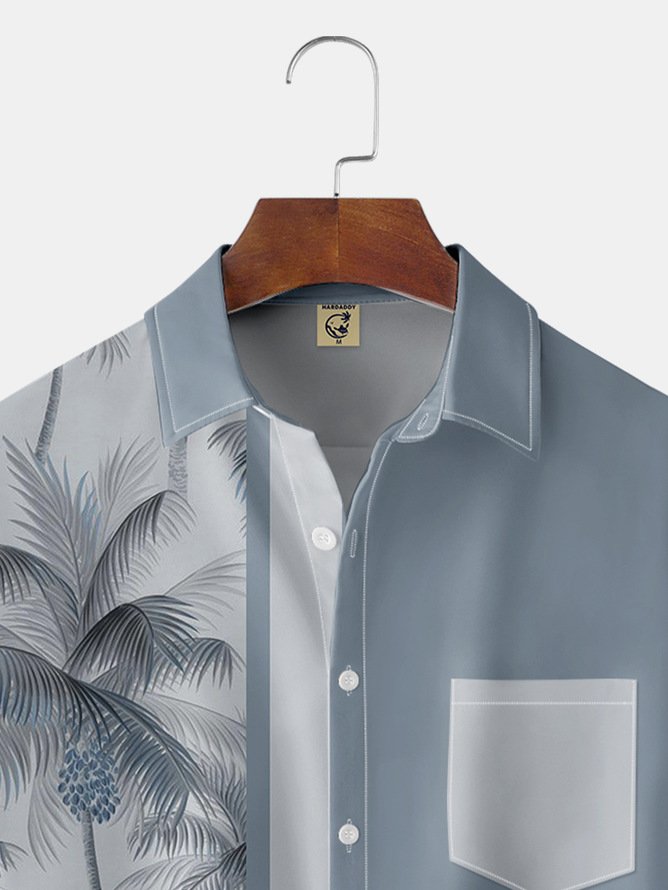 Tall Size Moisture-wicking Palm Tree Chest Pocket Bowling Shirt