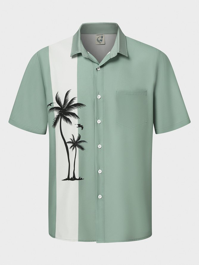 Tall Size Moisture-wicking Palm Tree Chest Pocket Bowling Shirt