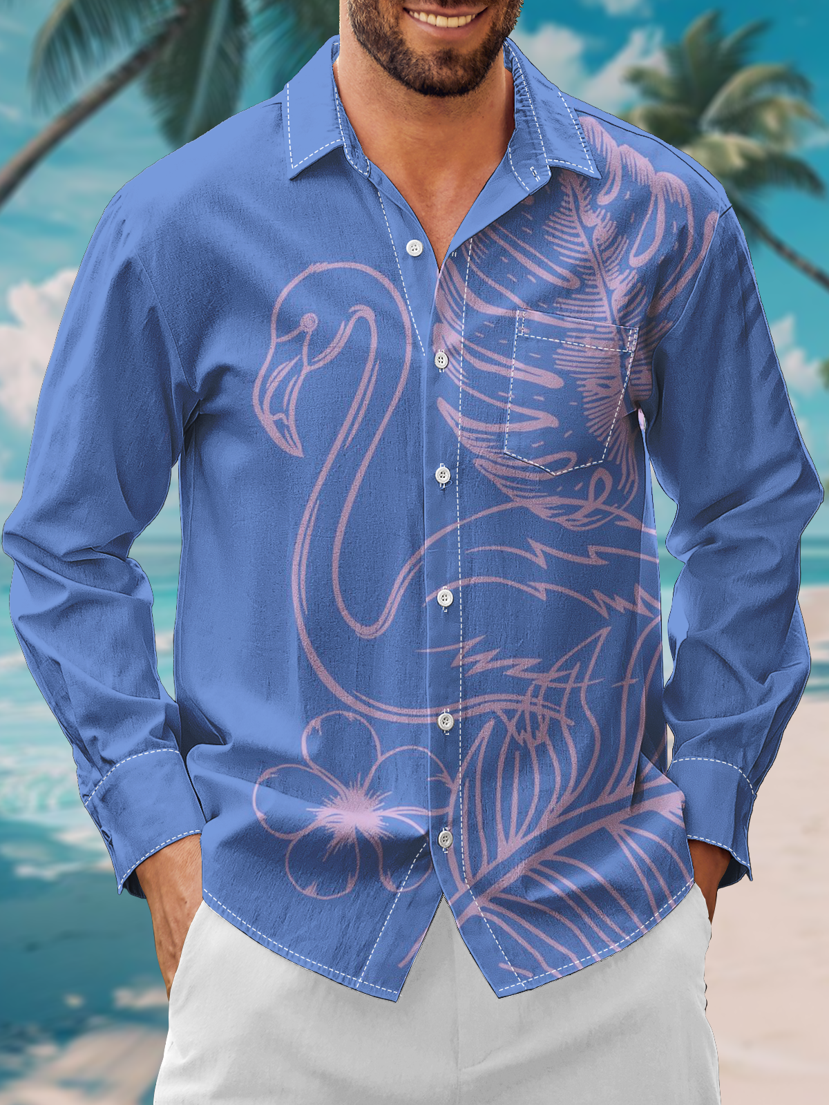 Moisture Wicking Floral Flamingo Chest Pocket Long Sleeve Casual Shirt