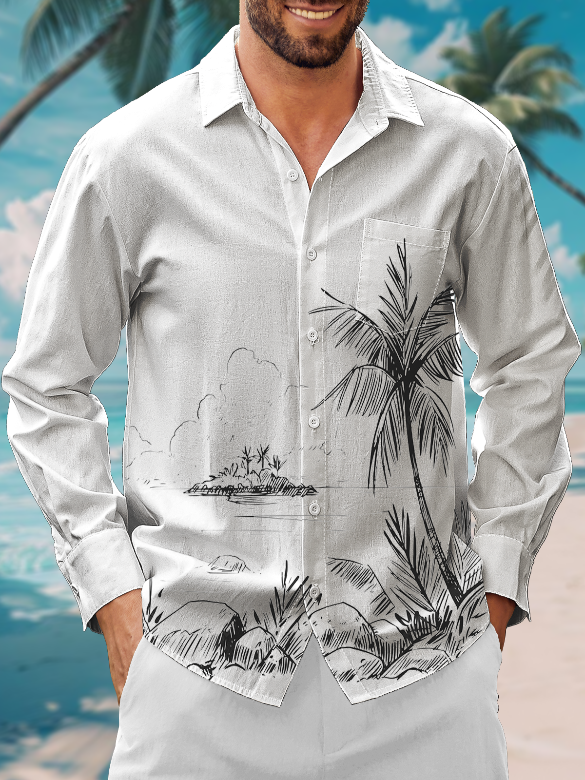 Moisture Wicking Coconut Tree Chest Bag Long Sleeve Casual Shirt