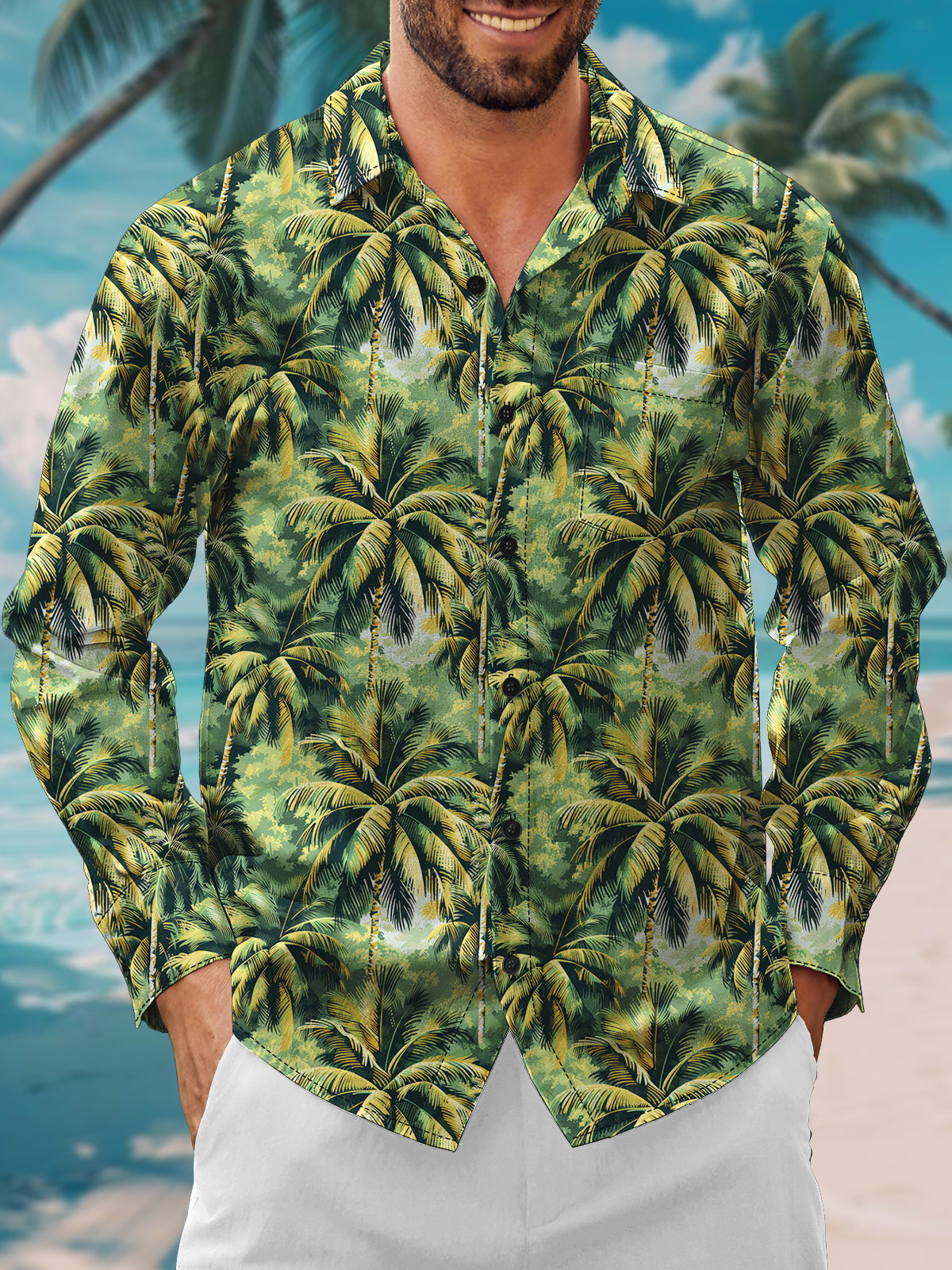 Moisture Wicking Botanical Coconut Tree Floral Chest Pocket Long Sleeve Casual Shirt