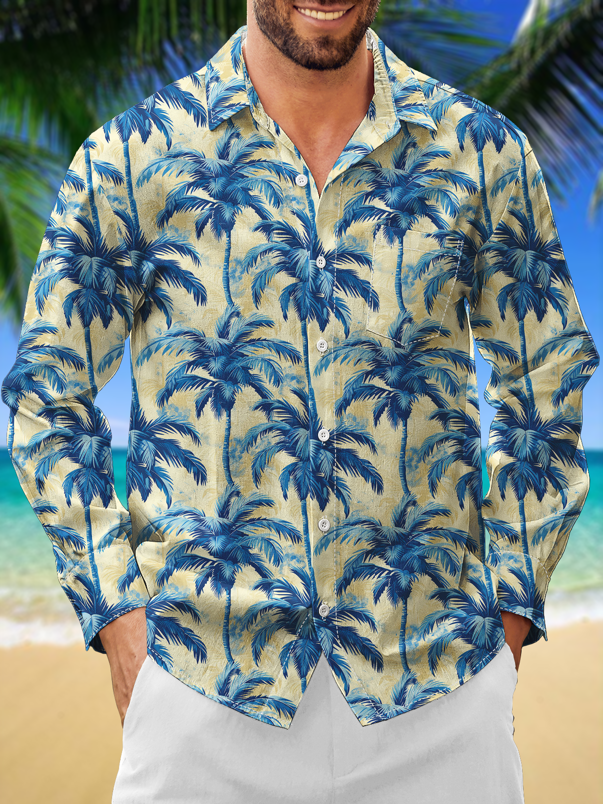 Moisture Wicking Botanical Coconut Tree Floral Chest Pocket Long Sleeve Casual Shirt