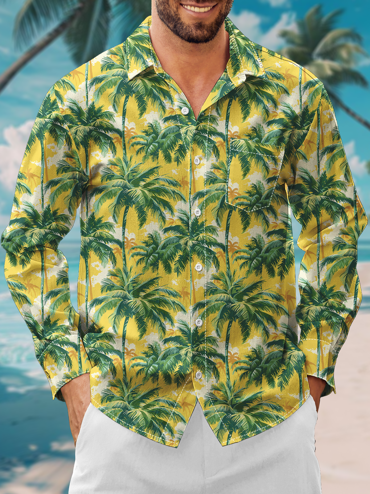 Moisture Wicking Botanical Coconut Tree Floral Chest Pocket Long Sleeve Casual Shirt