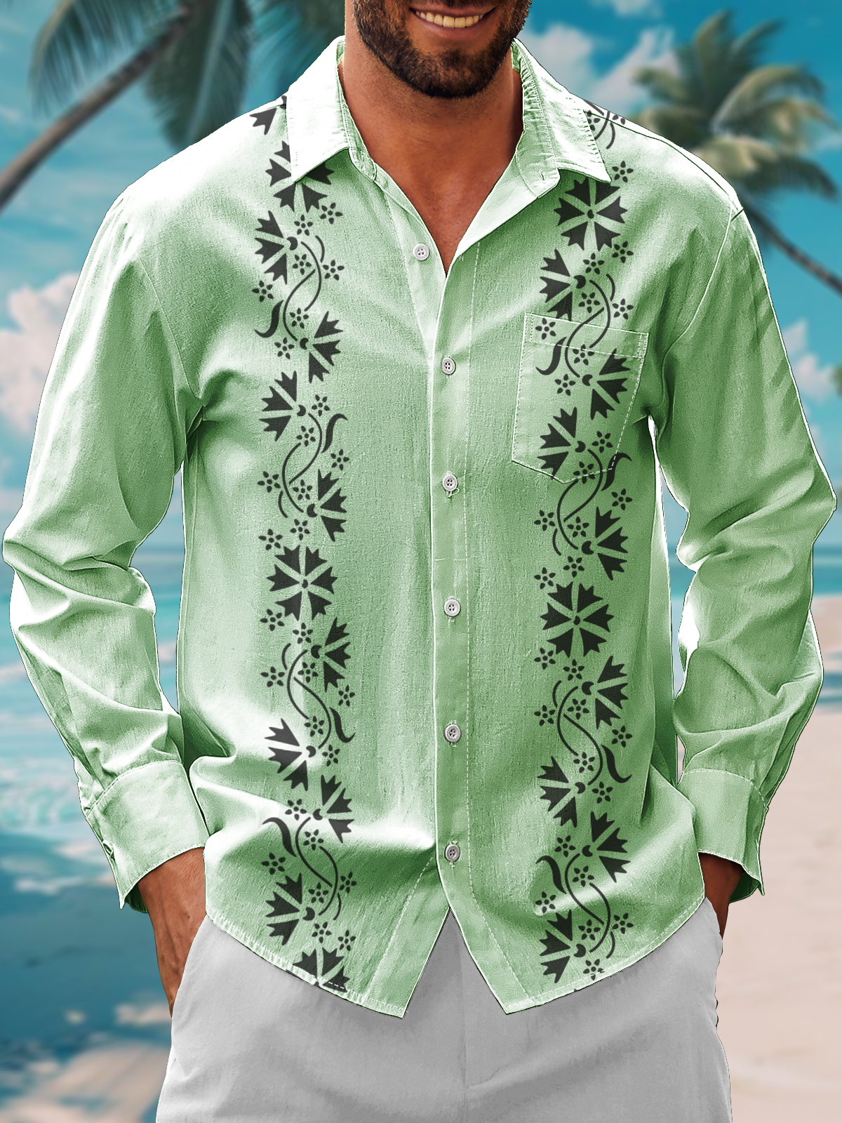 Moisture Wicking Floral Chest Pocket Long Sleeve Guayabera Shirt