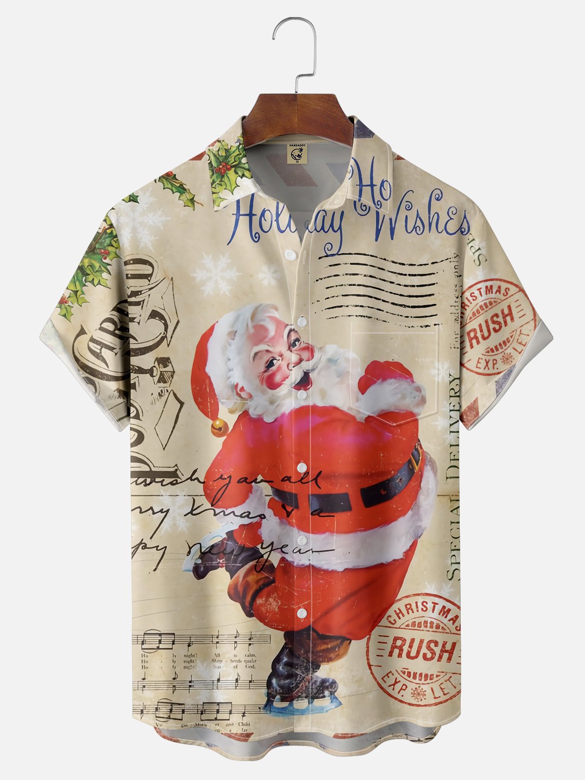 Moisture-wicking Christmas Santa Claus Chest Pocket Casual Shirt