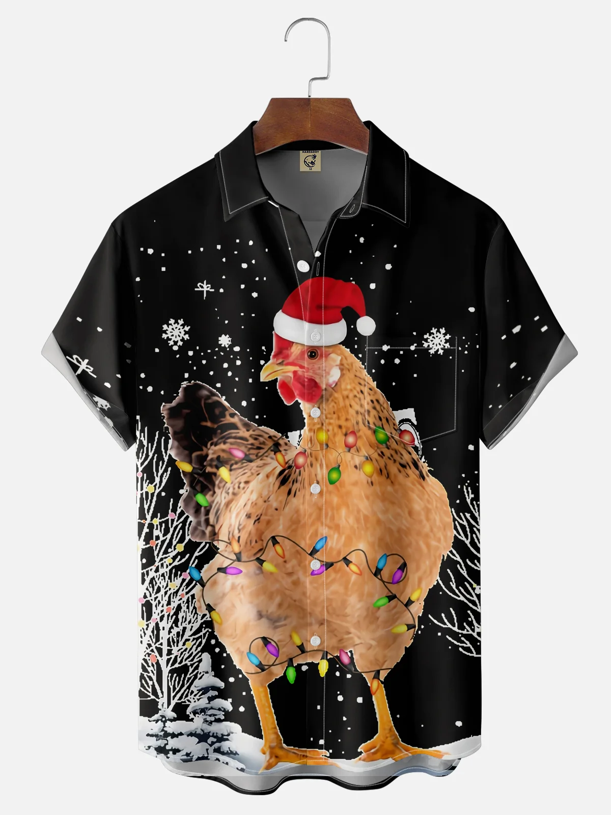 Moisture-wicking Christmas Rooster Chest Pocket Casual Shirt