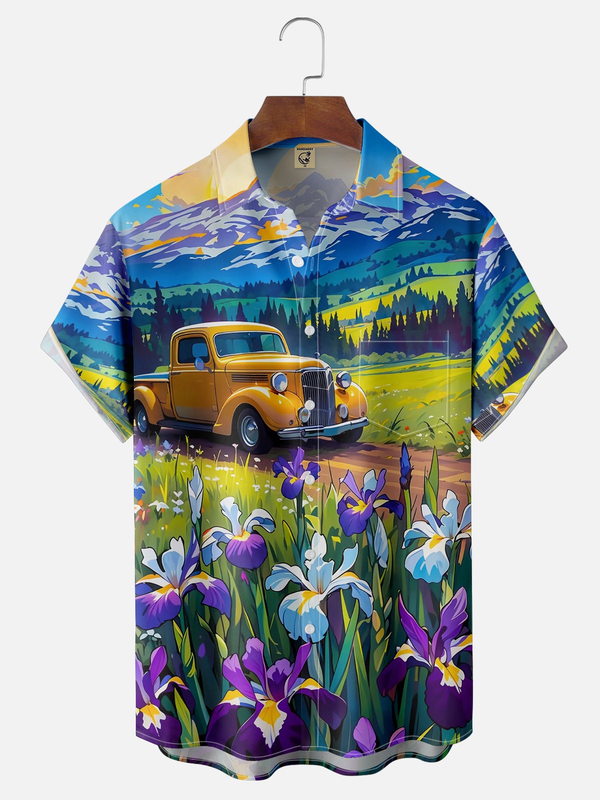 Moisture-wicking Iris Retro Car Chest Pocket Hawaiian Shirt