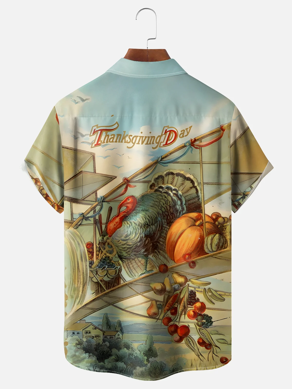 Moisture-wicking Thanksgiving Flying Turkey Chest Pocket Hawaiian Shirt