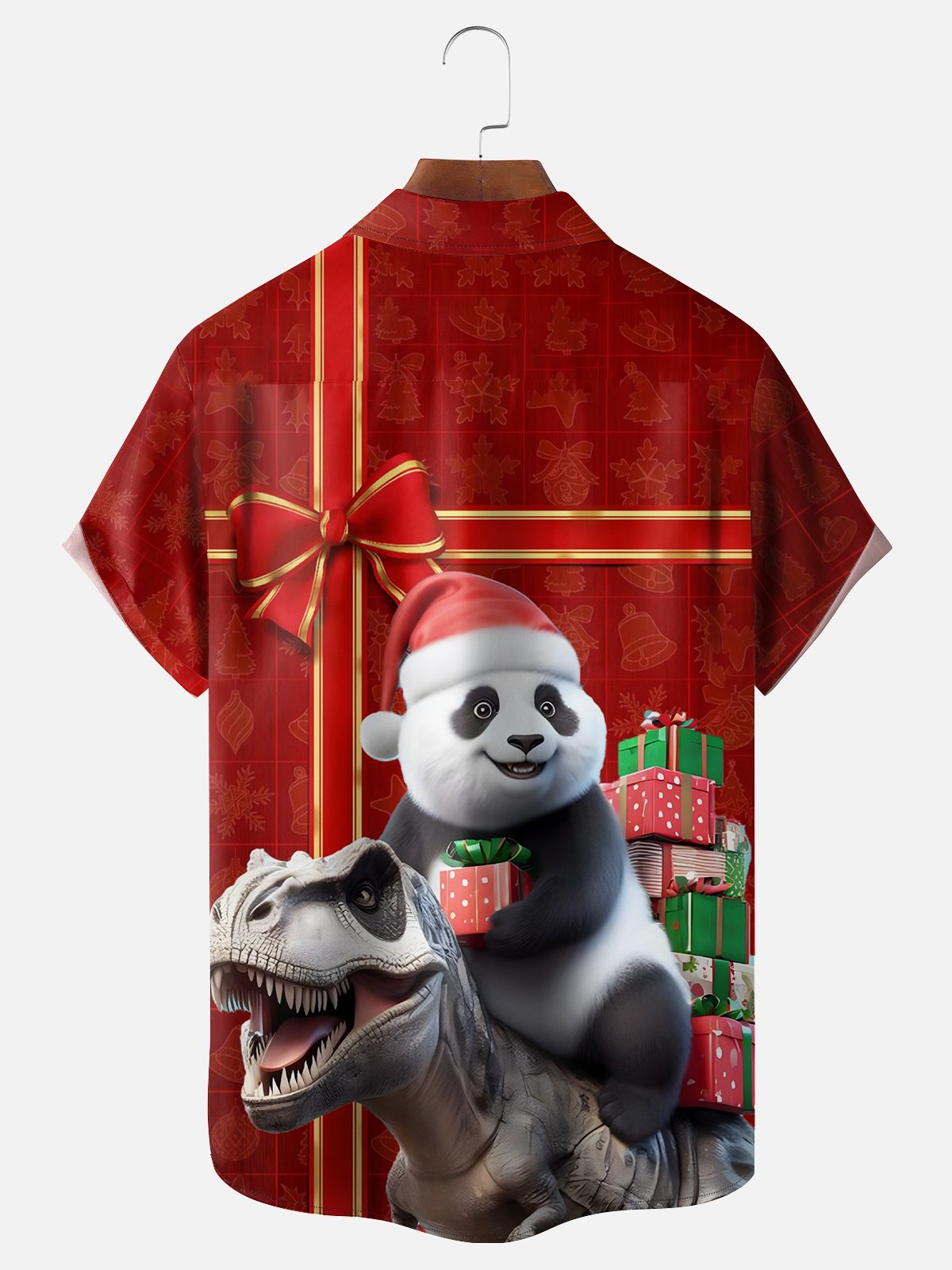 Moisture-wicking Christmas Panda Dinosaur Chest Pocket Bowling Shirt