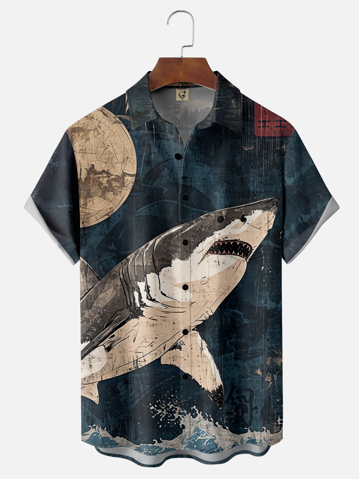 Moisture-wicking Japanese Art Shark Chest Pocket Hawaiian Shirt